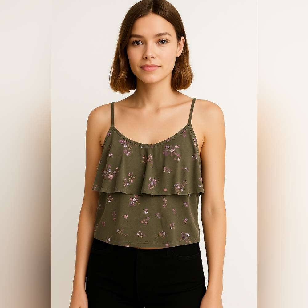 Mudd Green Pink Ruffled Crop Camisole